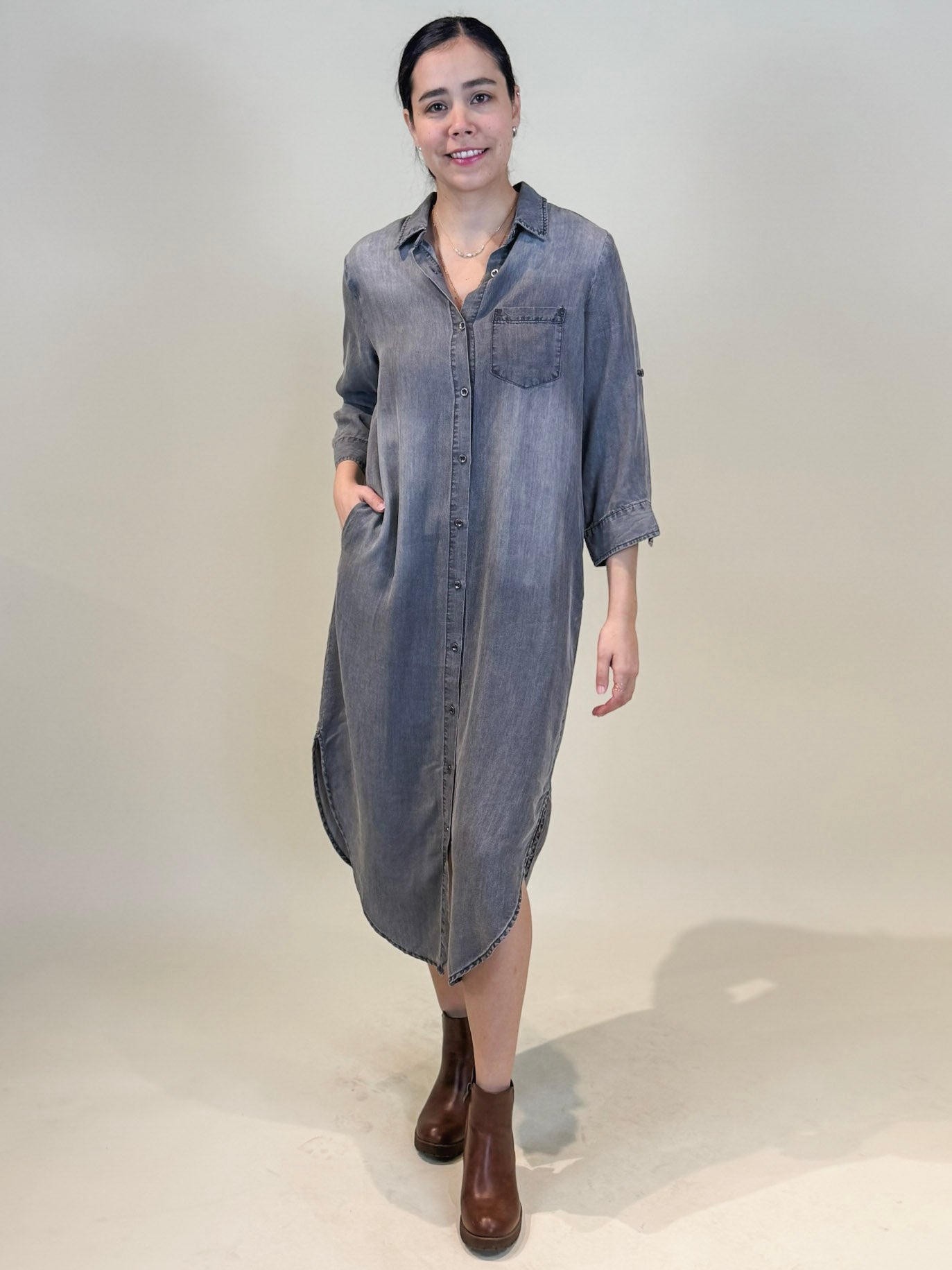 Sienna Roll Tab Sleeve Denim Shirt Dress