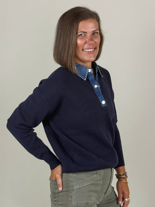Pat Denim Collar Polo Sweater