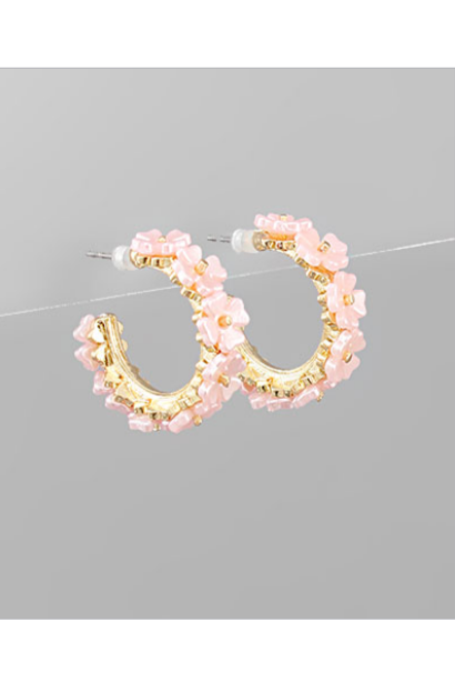 Pearly Flower Beaded Hoops - Pink