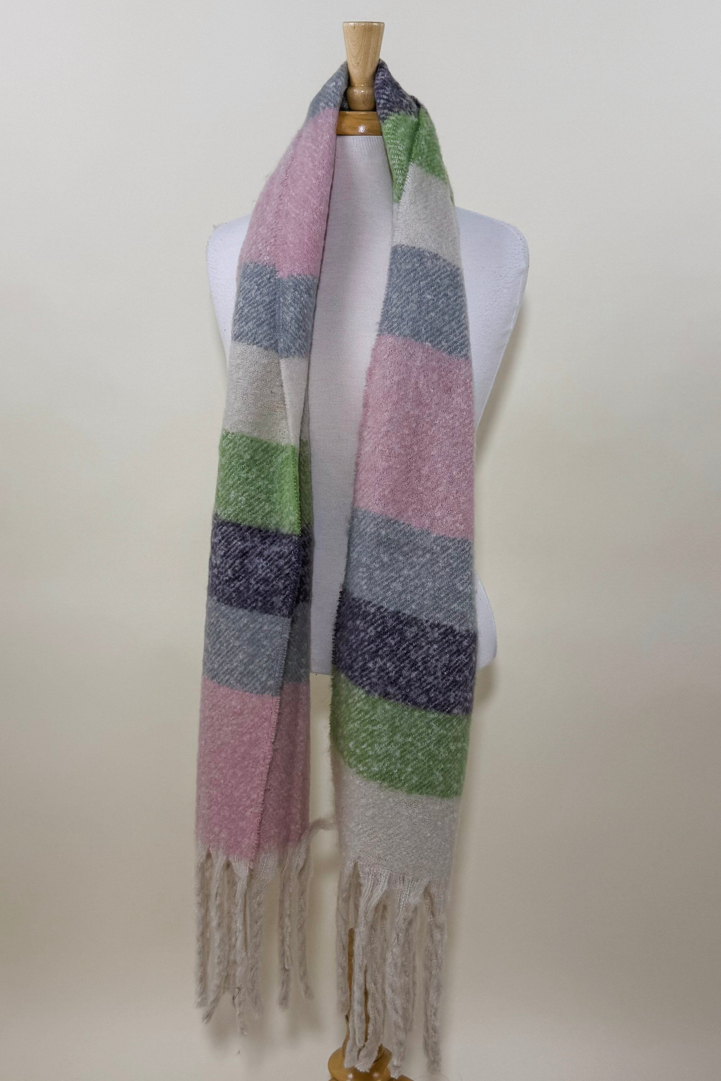Oversized Striped Brushed Knit Fringe Scarf