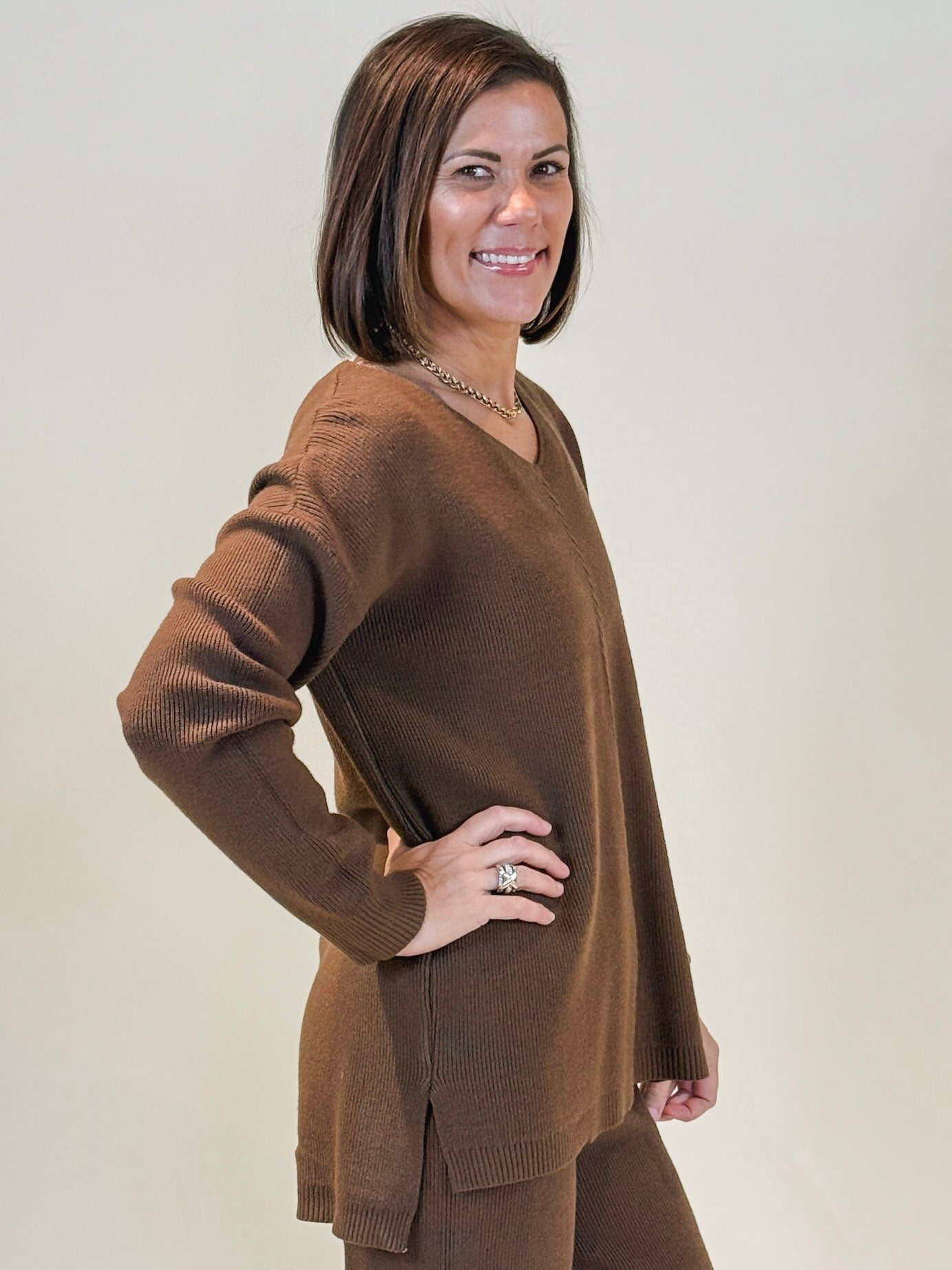 Mary Earth Tone V-Neck Ribbed Hi-Low Sweater