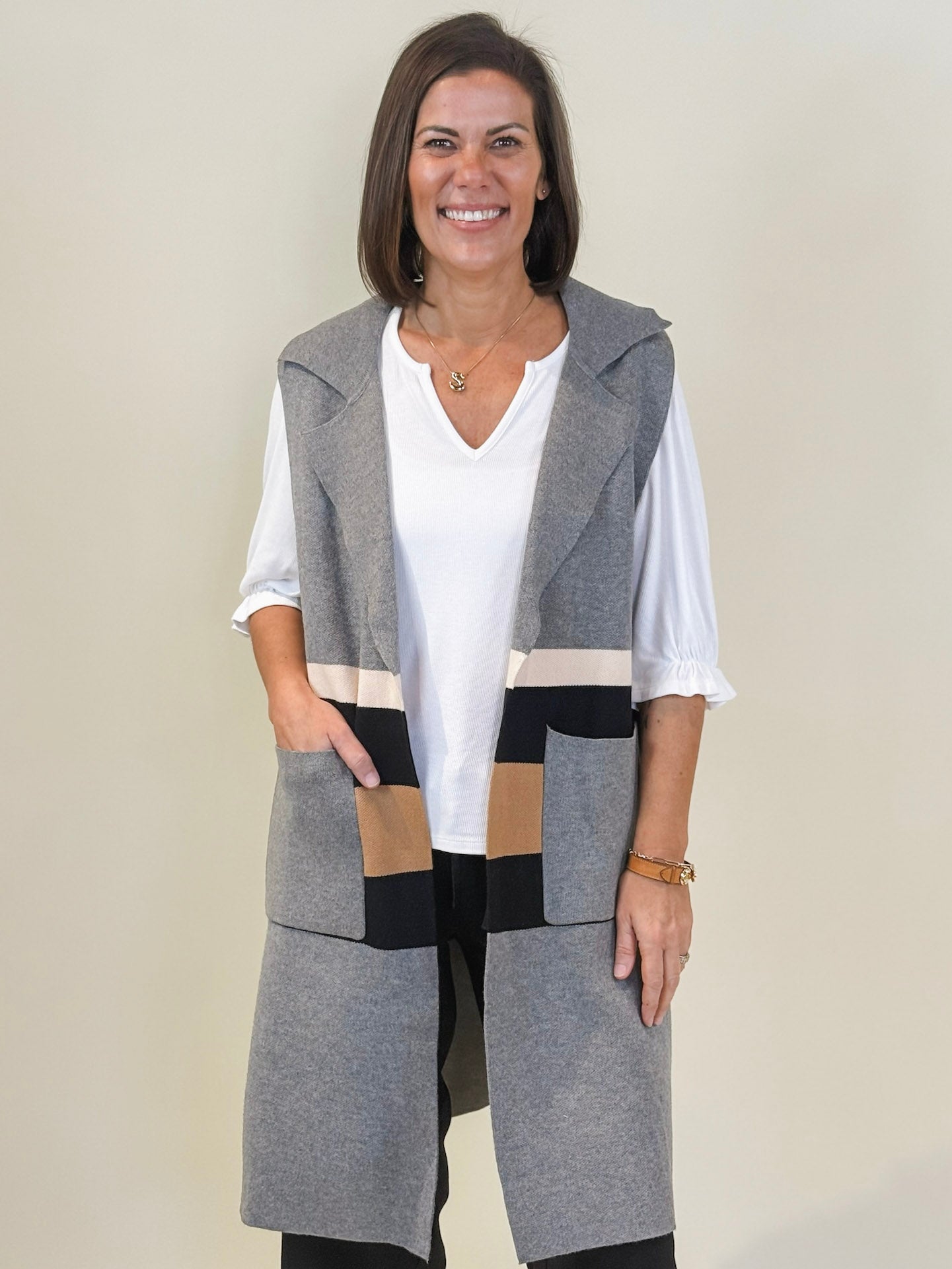 Cary Sleeveless Colorblocked Cardigan