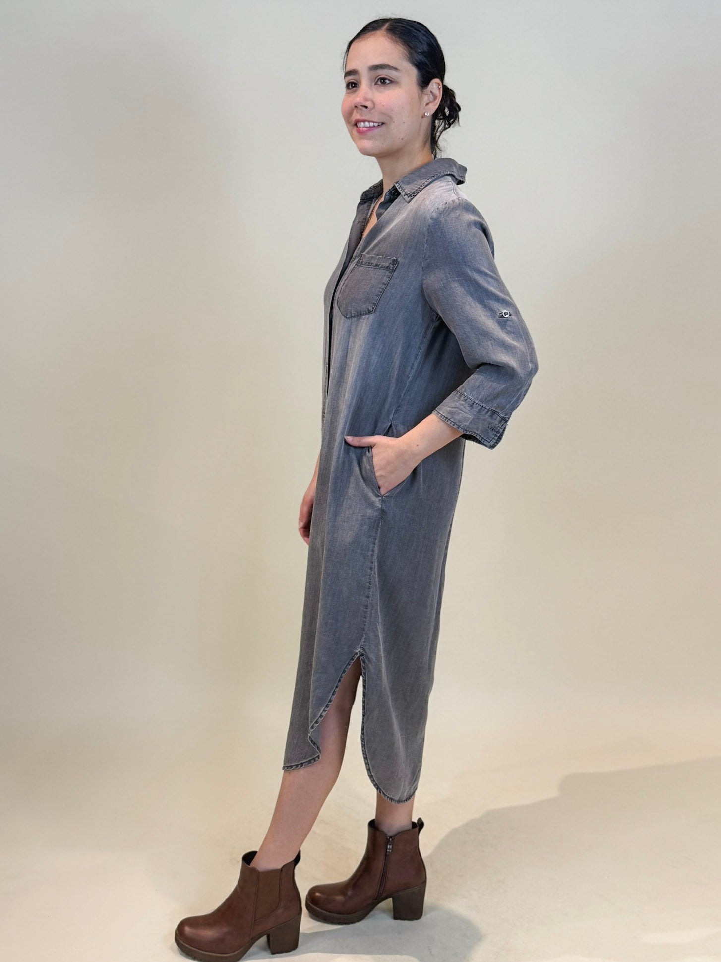 Sienna Roll Tab Sleeve Denim Shirt Dress