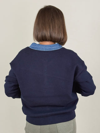 Pat Denim Collar Polo Sweater