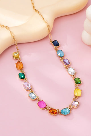 Multicolor Gemstone Link Necklace - Gold