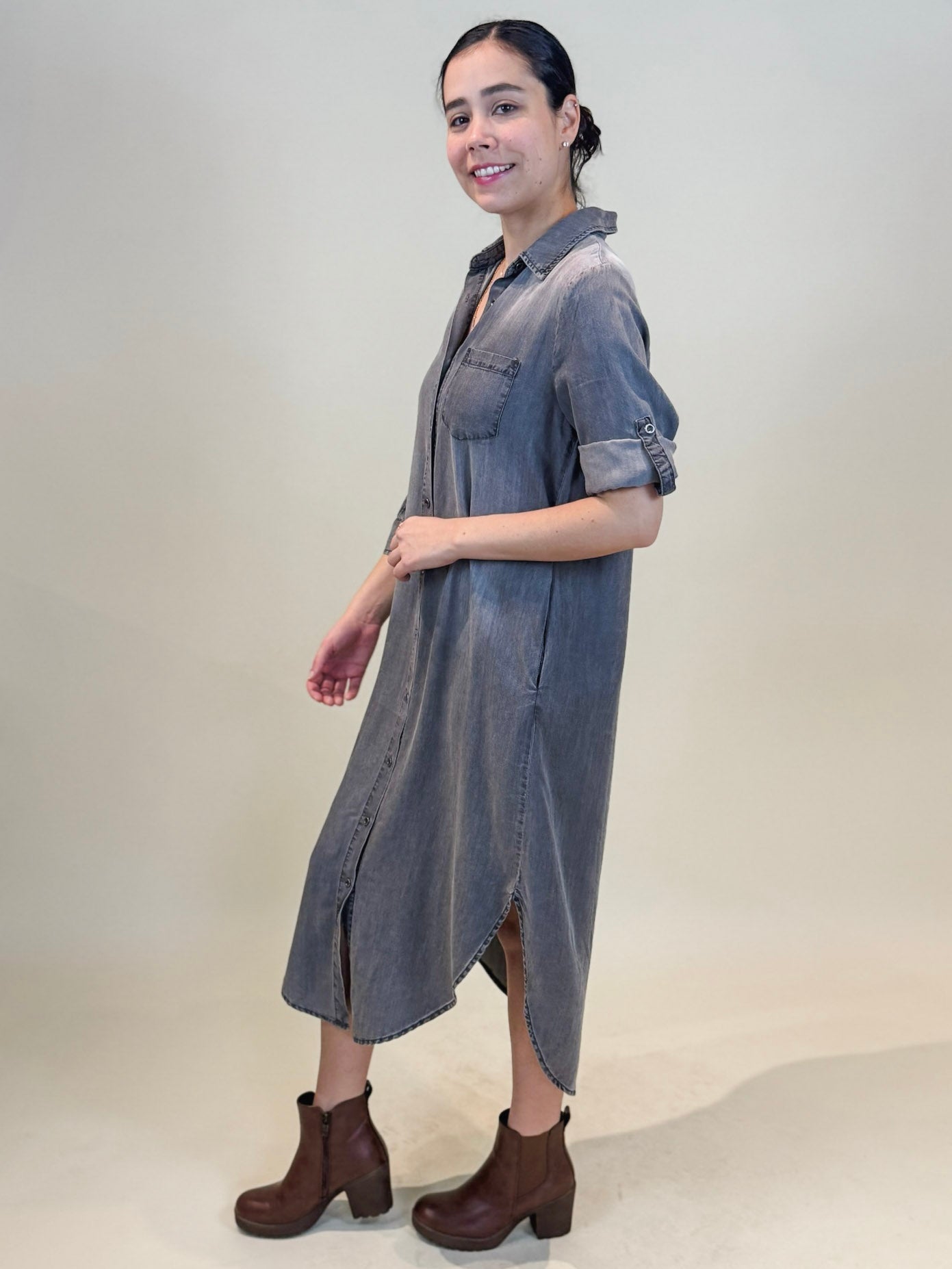 Sienna Roll Tab Sleeve Denim Shirt Dress
