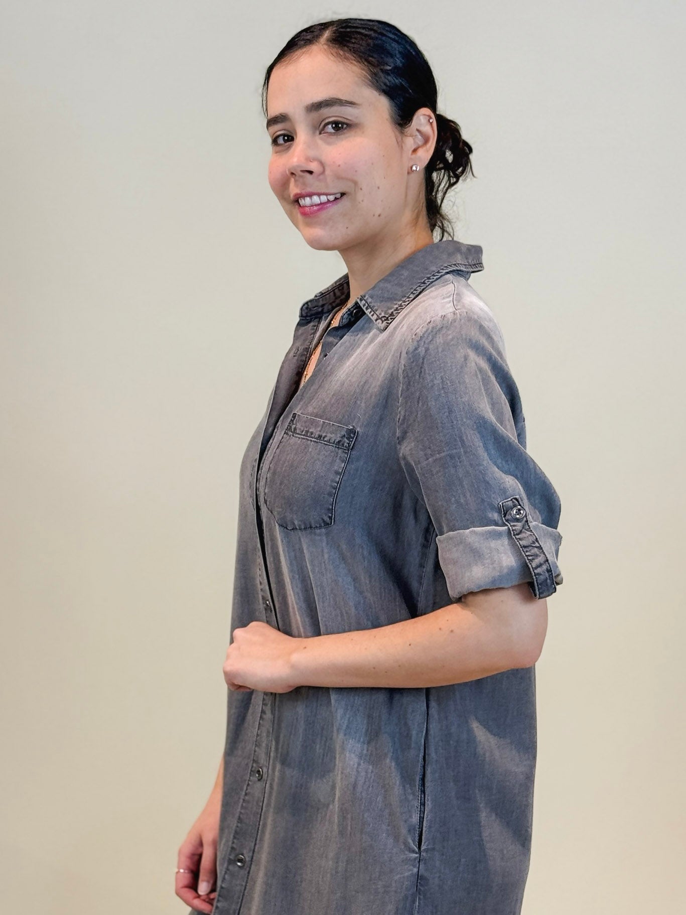 Sienna Roll Tab Sleeve Denim Shirt Dress