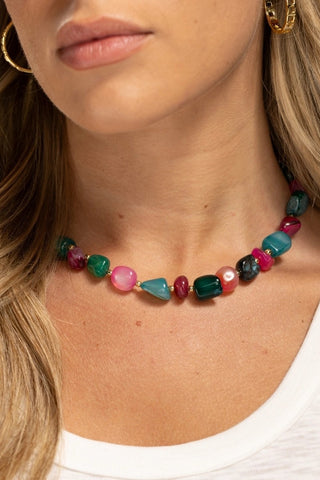 Bold Tumbled Stones Statement Necklace - Pink/Teal