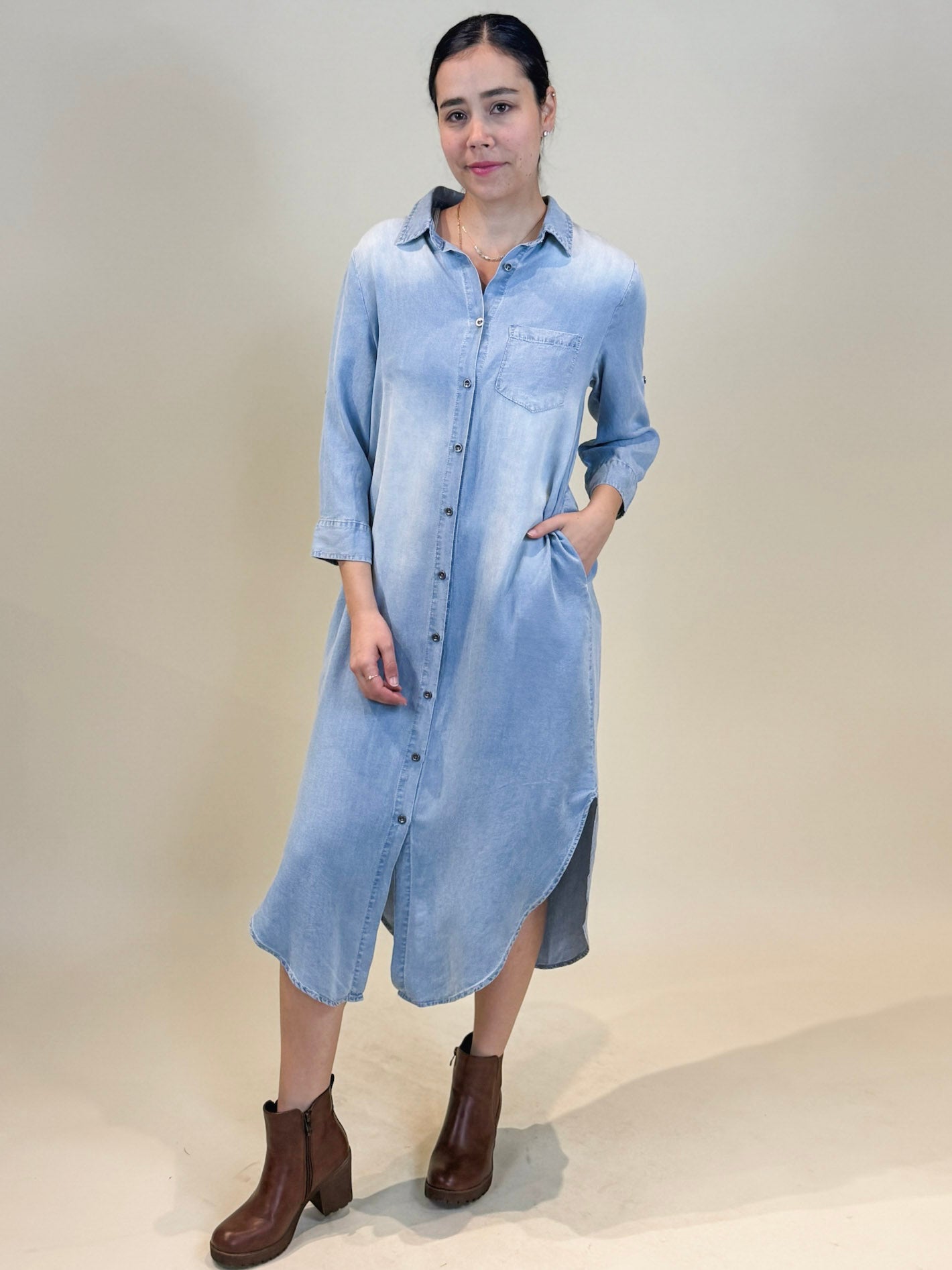 Sienna Roll Tab Sleeve Denim Shirt Dress