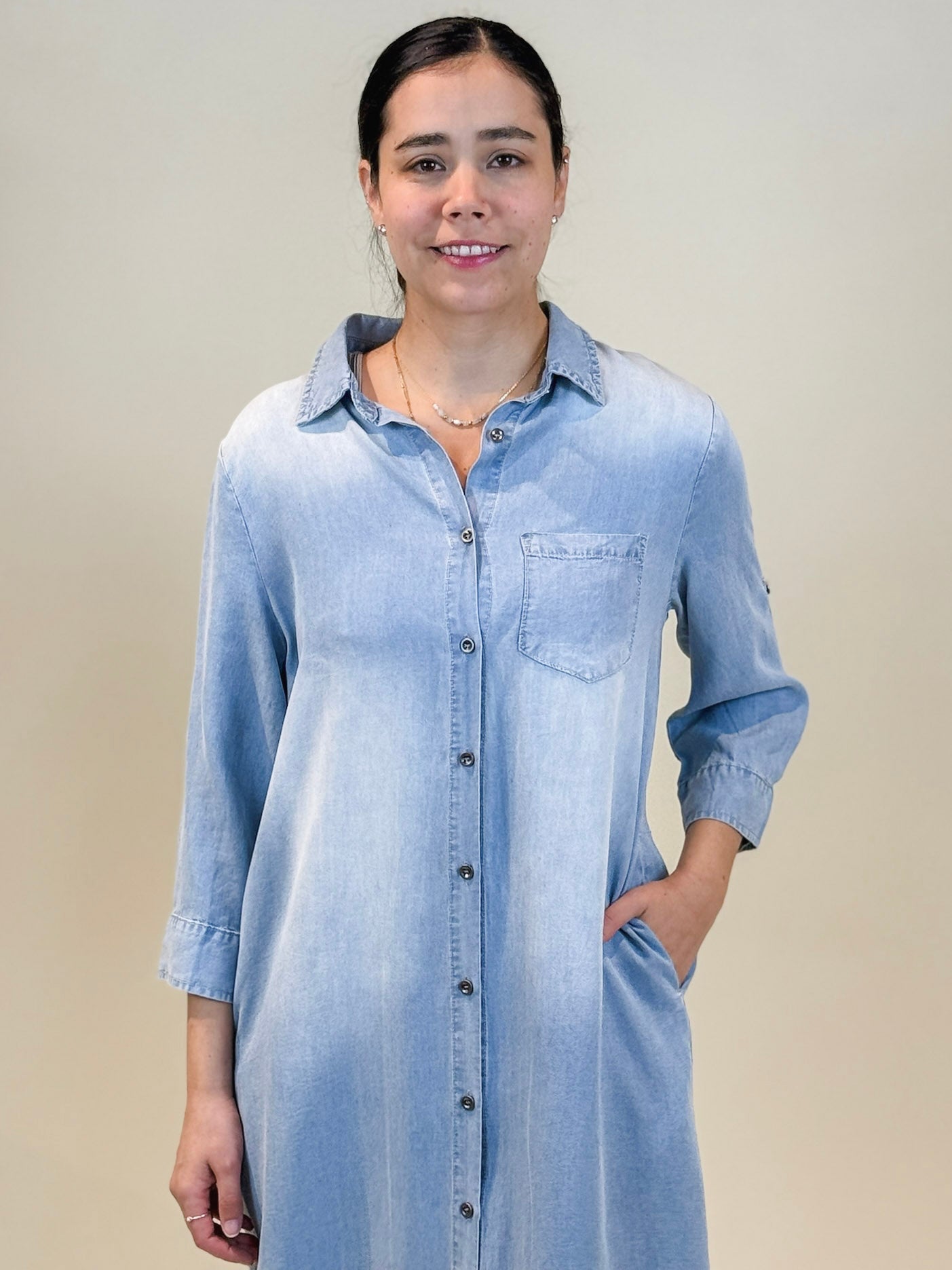 Sienna Roll Tab Sleeve Denim Shirt Dress