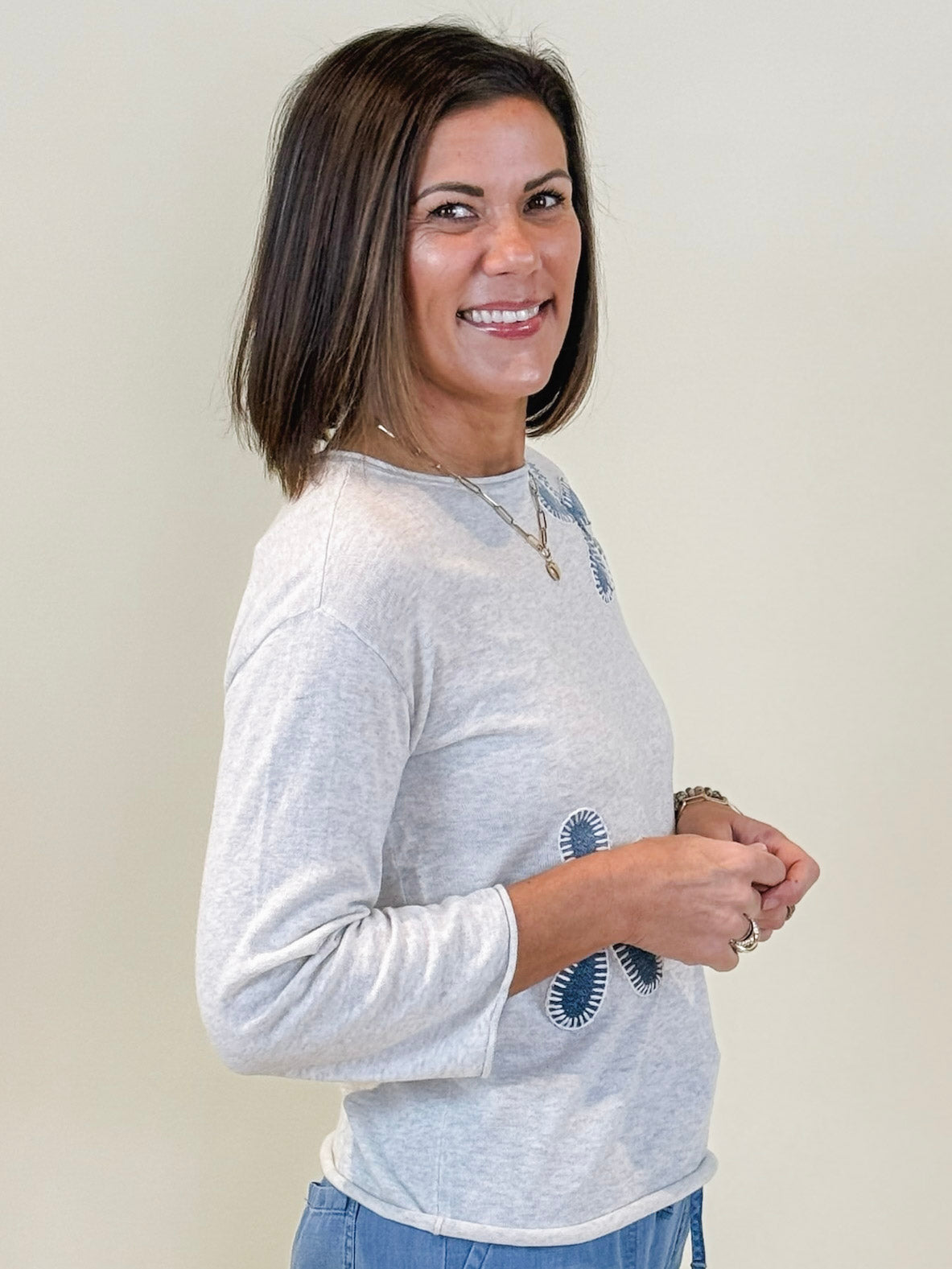 Fiona 3/4 Sleeve Flower Patch Sweater