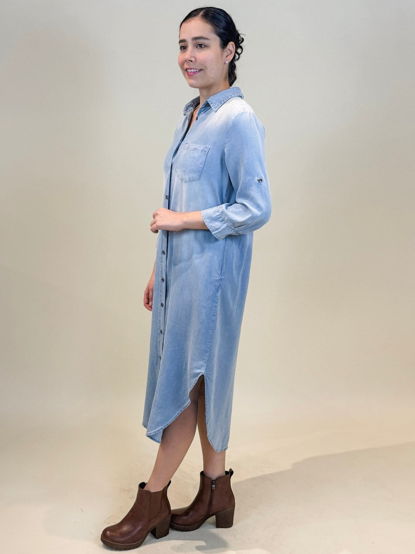 Sienna Roll Tab Sleeve Denim Shirt Dress