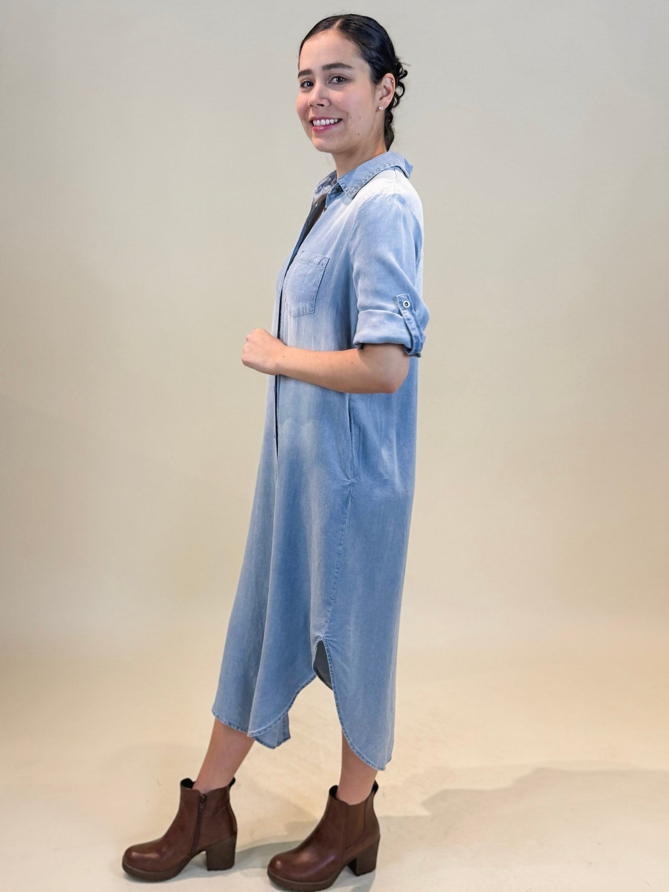Sienna Roll Tab Sleeve Denim Shirt Dress