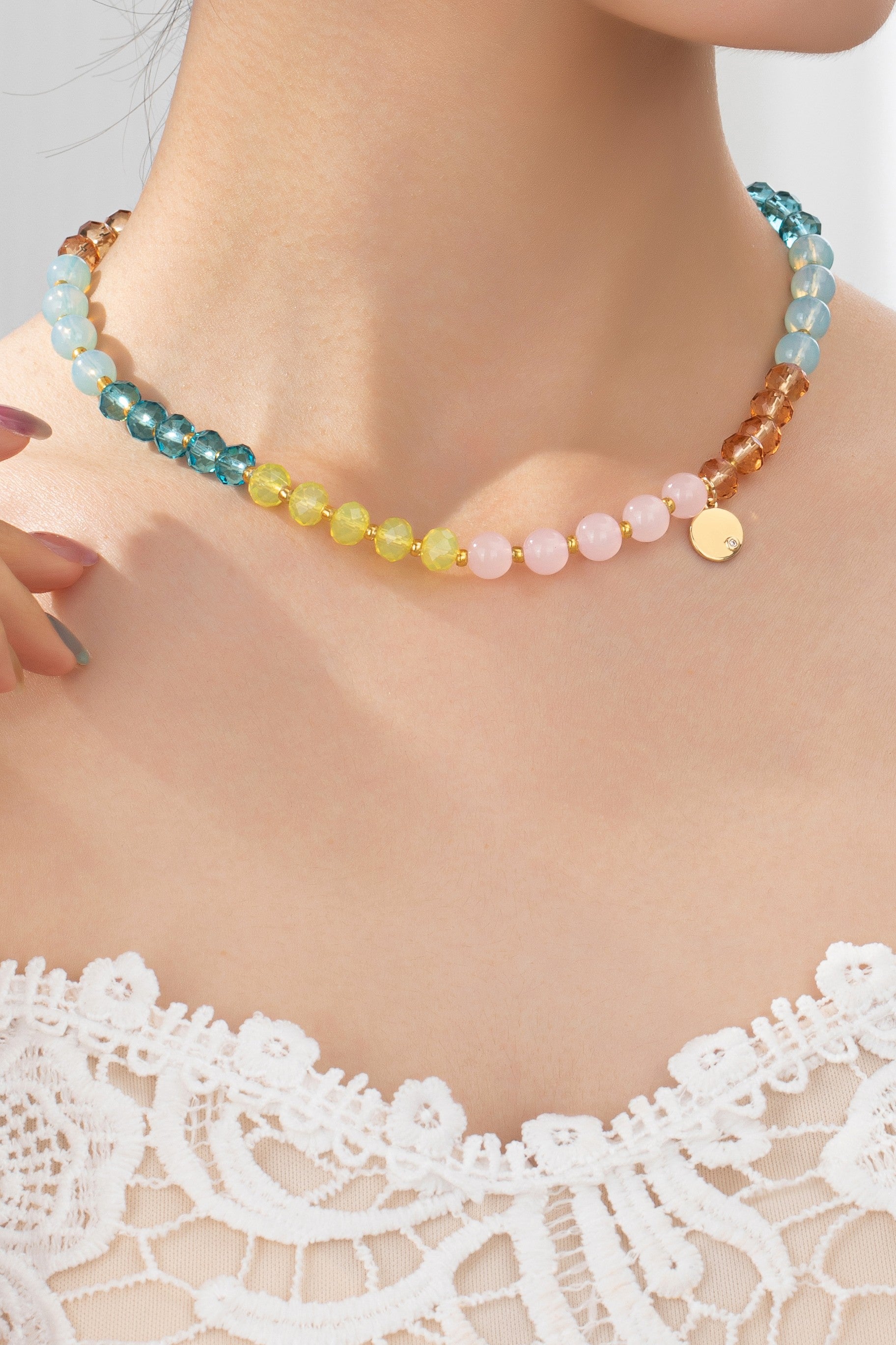 Colorful Stone Beaded Coin Charm Necklace - Multi