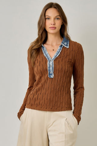 Henri Denim Mix Textured Henley Top