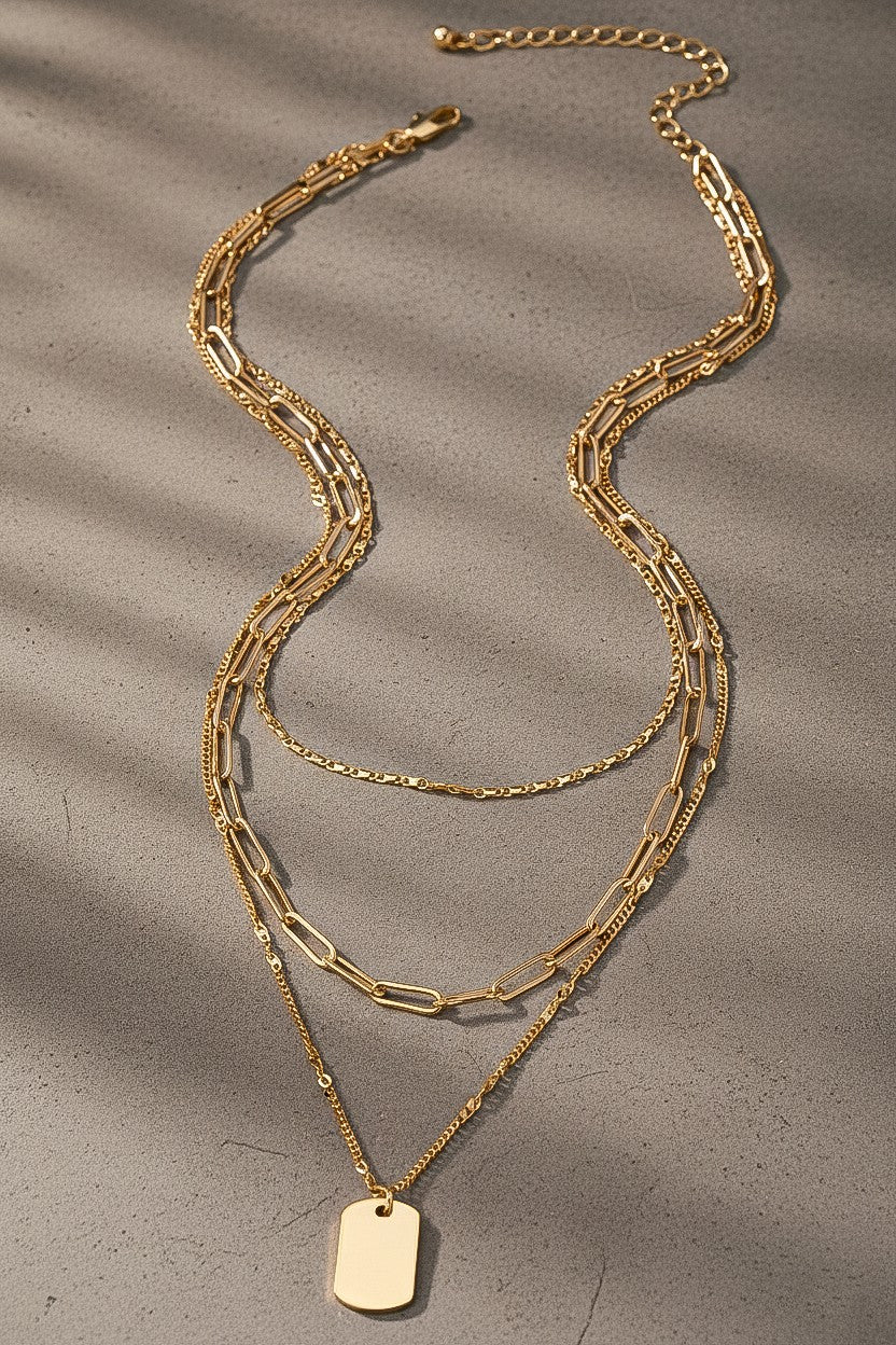 3 Row Mixed Chain Tag Pendant Necklace - Gold