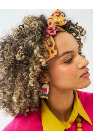 Birdie Geometric Beaded Fringe Earrings - Pink, Brown, Ivory + Gold