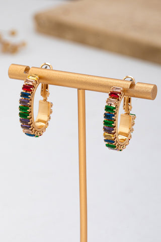 Multicolor Baguette Crystal Hoop Earrings - Gold
