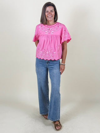 Andrea Short Sleeve Embroidery Detail Top