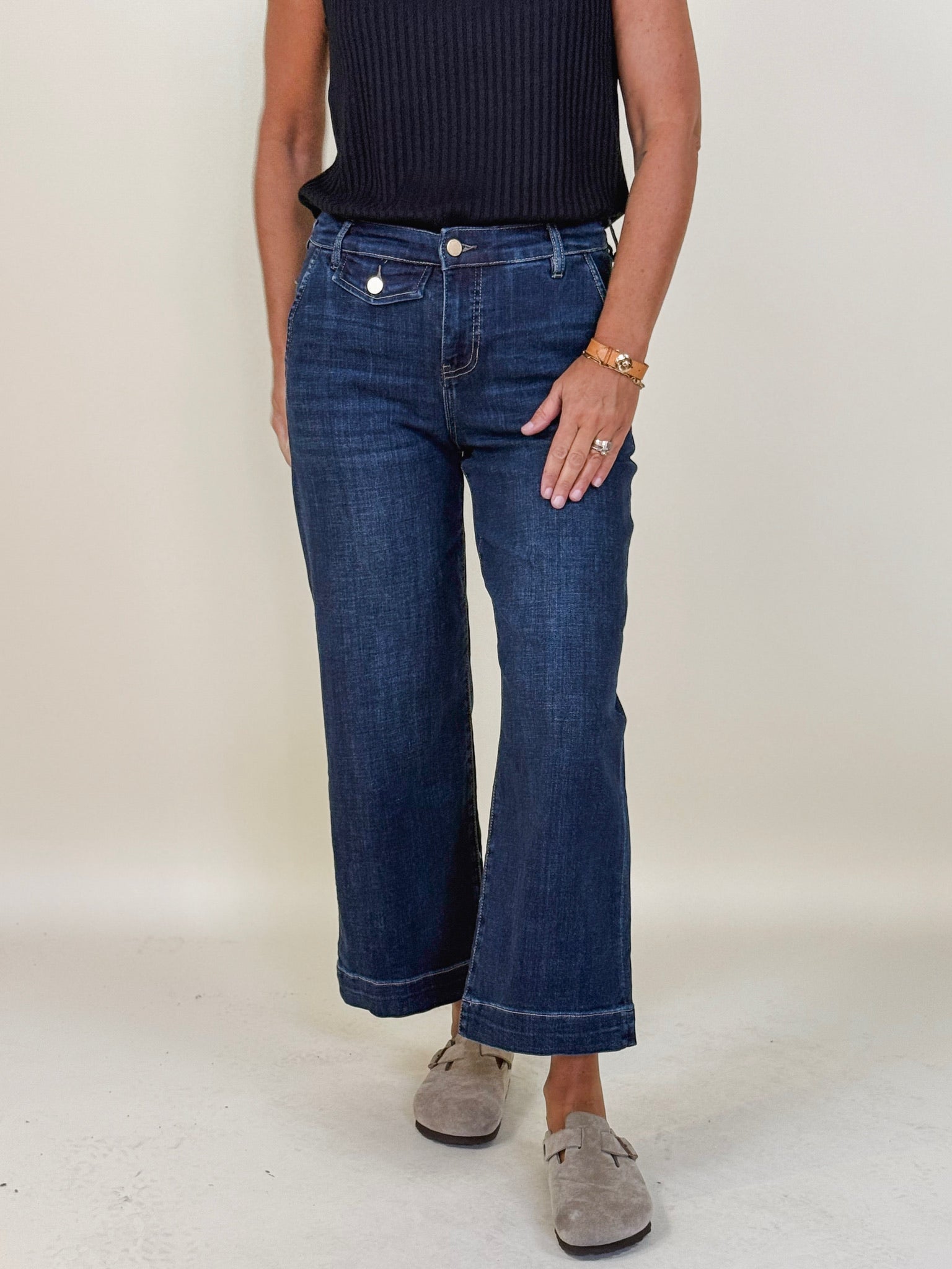 [Liverpool] Stride Wide Leg Jean with Trouser Details, 27” Inseam