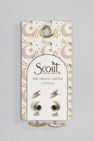 Stud Trio Ear Jacket Set - Moon/Black Spinel/Gold