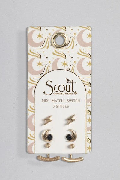 Stud Trio Ear Jacket Set - Moon/Black Spinel/Gold
