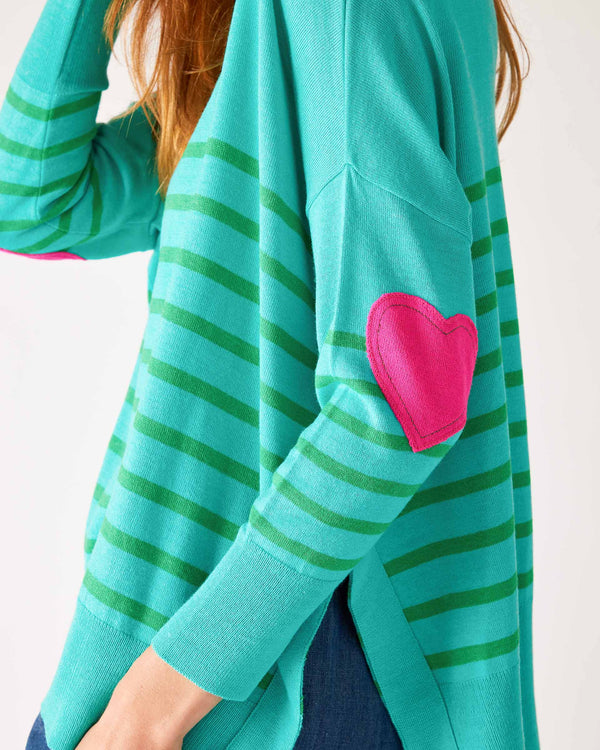 Amour Sweater with Heart Patch - Turquoise/Jade Stripe - OS