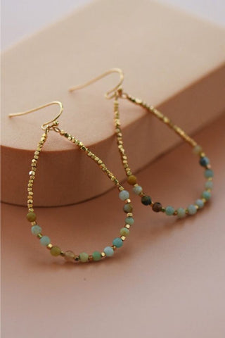 Amazonite Stone Beaded Teardrop Wire Earrings - Green