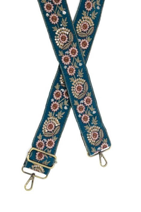 2" Ornate Floral Sequin Guitar Strap - Teal