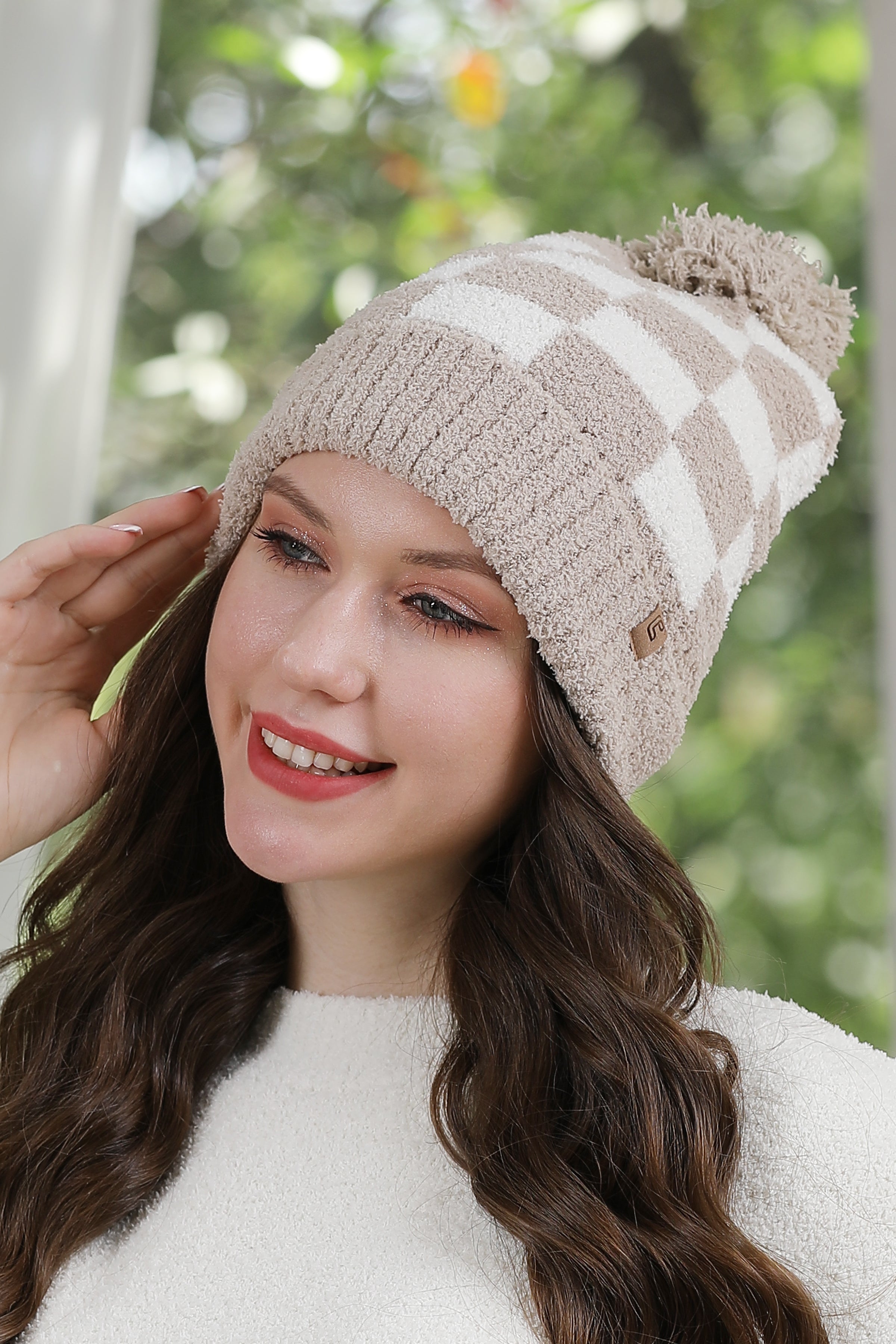 Beige/Ivory Checkered Pom-Pom Beanie