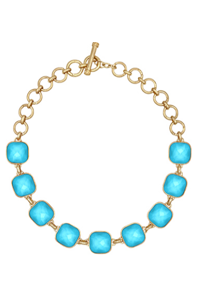 Faceted Stone Linked Necklace - Aqua/Gold