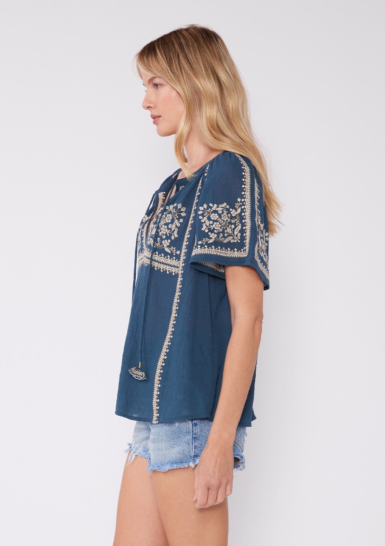 Ema Embroidered Split Neck Top