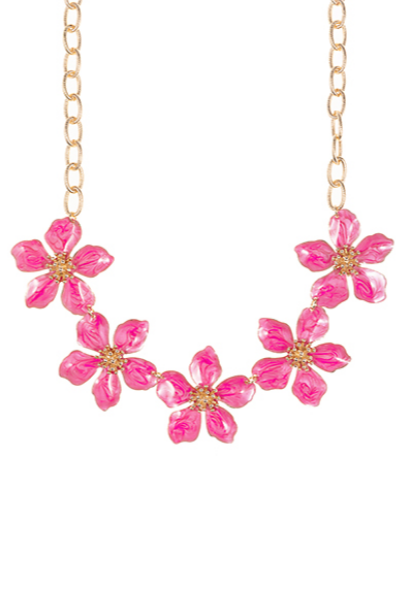 Linked Flower Necklace - Hot Pink/Gold