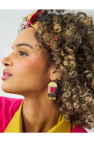 Birdie Geometric Beaded Fringe Earrings - Pink, Brown, Ivory + Gold