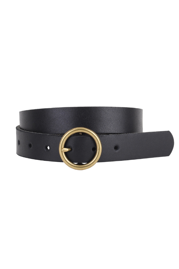 Brass-Toned Circle Buckle Leather Belt