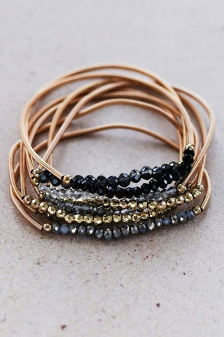 Stretchy Layered Guitar String Beaded Bracelet Set - Black