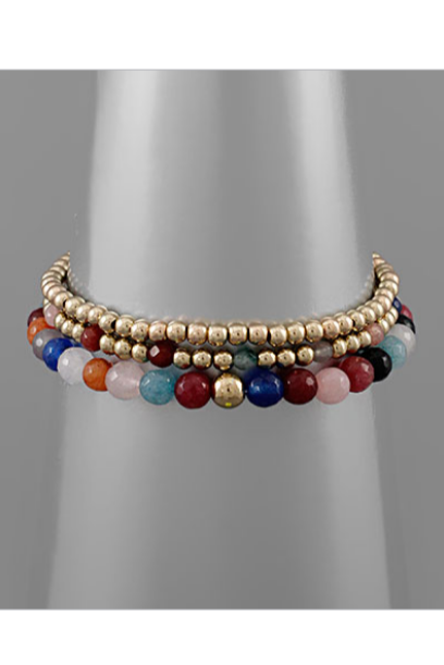 3 Row Stone & Bead Bracelet - Multi/GD