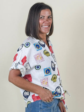Lucia Printed Button-Up Front Tie Blouse