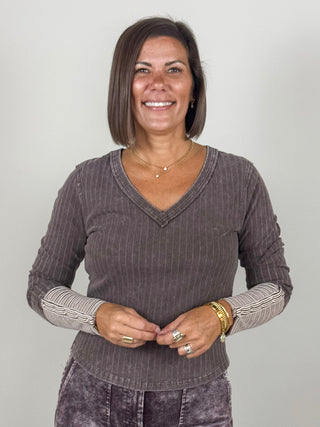Olive Variegated Rib V-Neck Top