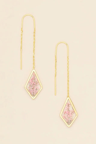 Pressed Flower Thread Earrings - Pink Lace Flower/Gold