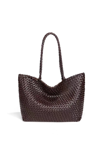 Woven Microfiber Leather Tote with Cosmetic Pouch - Chocolate