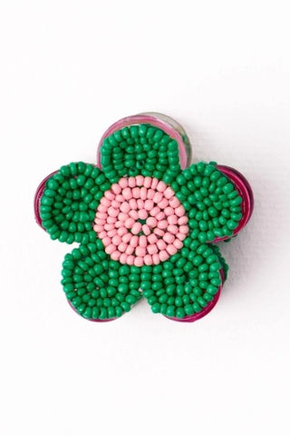 Molly Flower Beaded Hair Claw Clip - Kelly Green + Pink