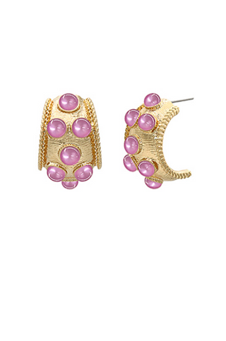 Antique Cat's Eye Stone Bold Hoops - Light Magenta/Gold