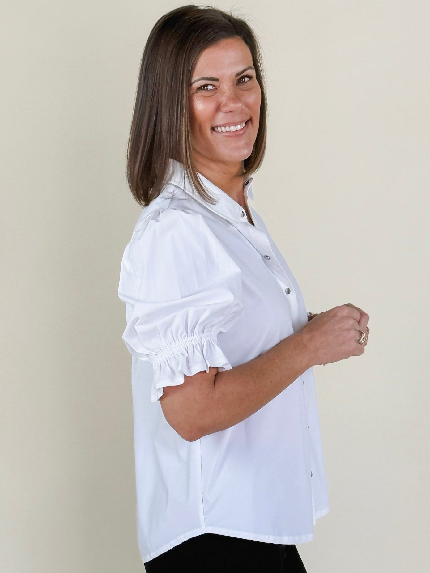 [Liverpool] Elise Puff Sleeve Snap Front Top