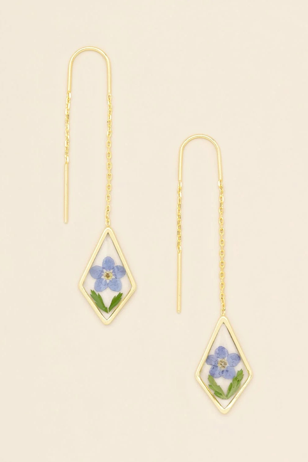 Pressed Flower Thread Earrings - Blue Forget Me Not/Gold
