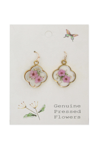 Pink Dried Flower Gold Clover Earrings