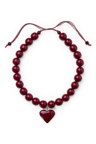 Emery Large Round Resin Bead with Heart Adjustable Necklace - Burgundy