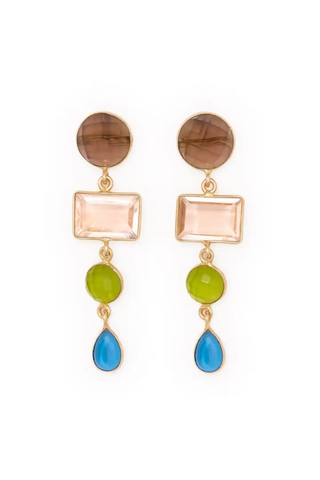 Natalie Dangle Glass + Smoky Quartz Stone Earrings - Brass