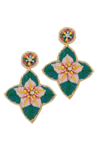 Embroidered Clover Drop Earrings - Teal