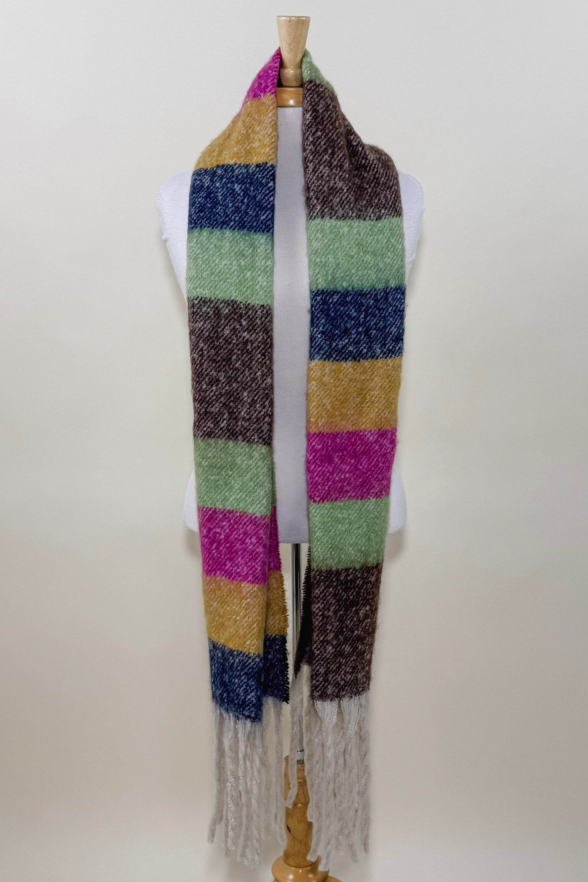 Oversized Striped Brushed Knit Fringe Scarf